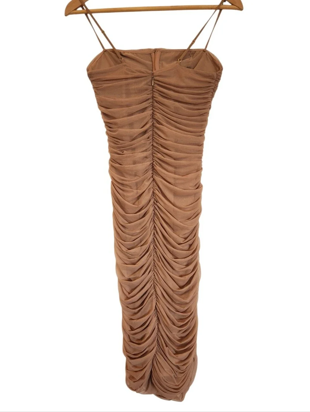 Aritzia Babaton Fabian Luxor Ruched Bodycon Dress Tan/Clay Mask Size 6 Mesh - Picture 3 of 12
